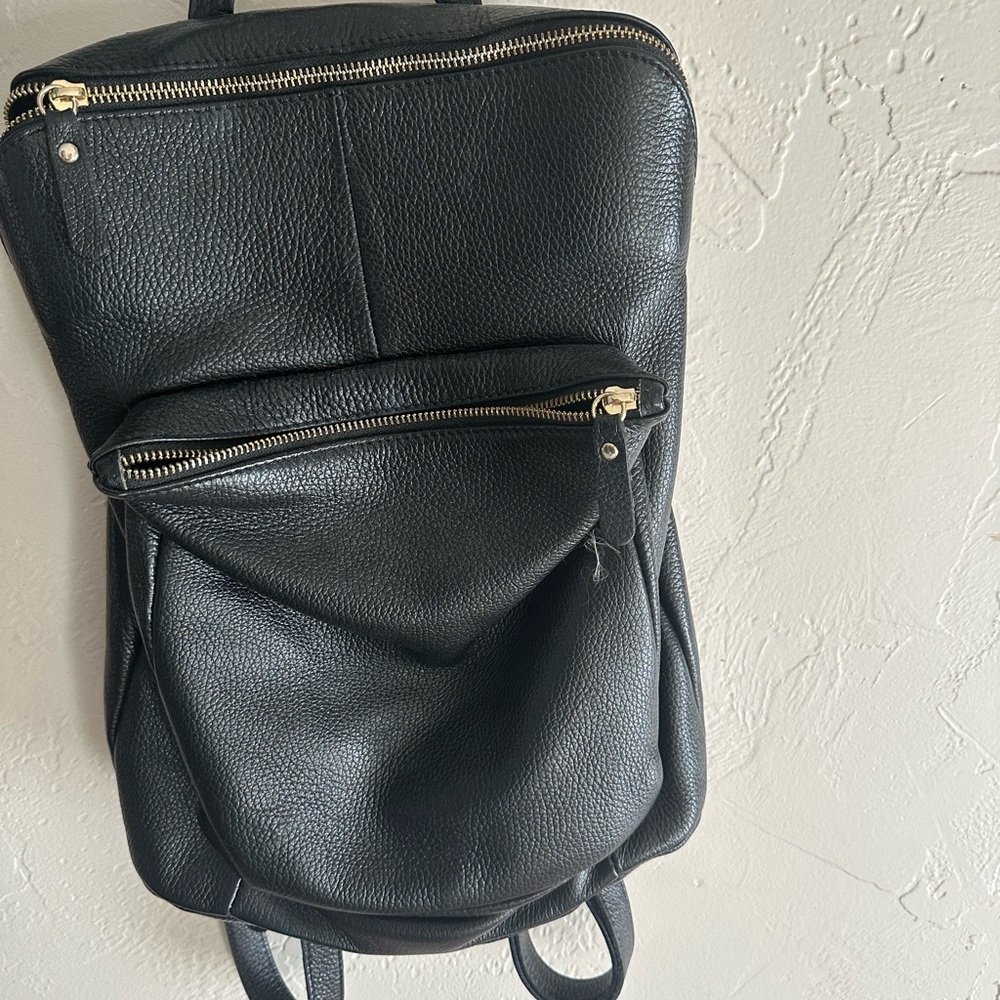 Black Leather Backpack with Gold Zippers